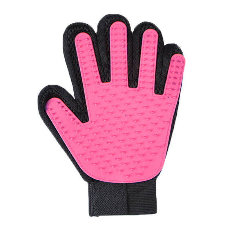 Single rose red silicone grooming glove shown flat, close-up view