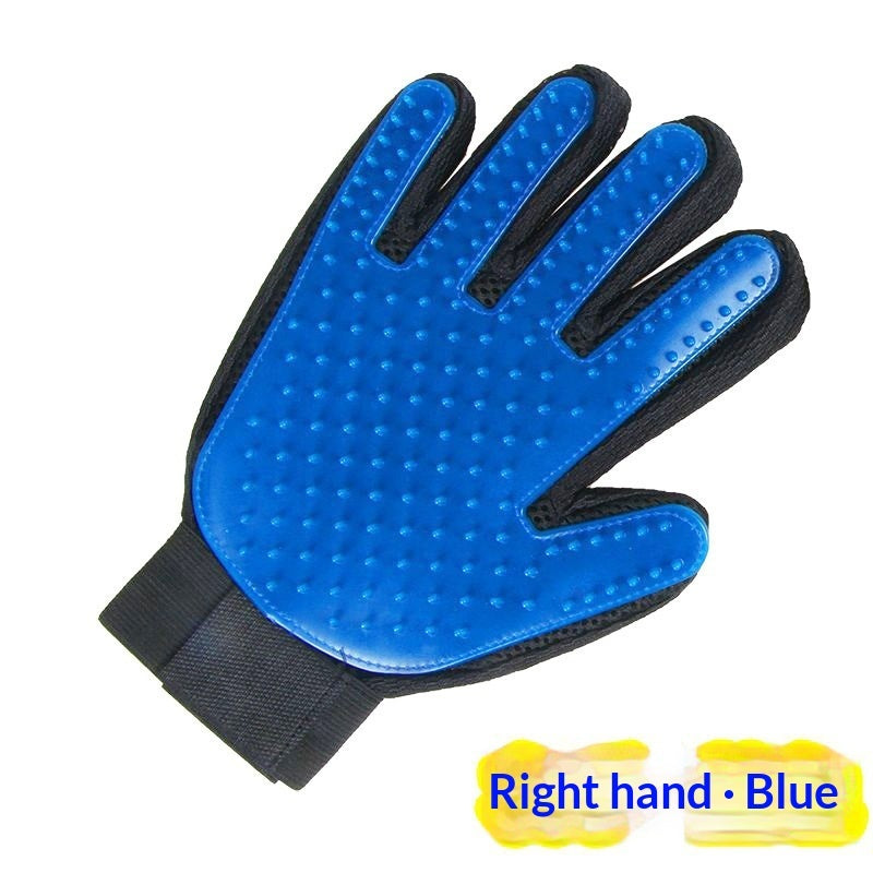 Single blue silicone grooming glove for the right hand, shown flat with a 'Right hand · Blue' label