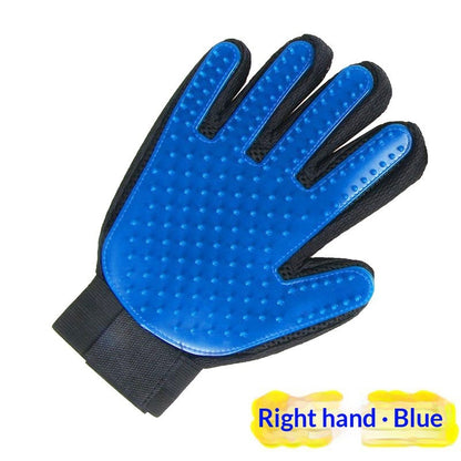 Single blue silicone grooming glove for the right hand, shown flat with a 'Right hand · Blue' label