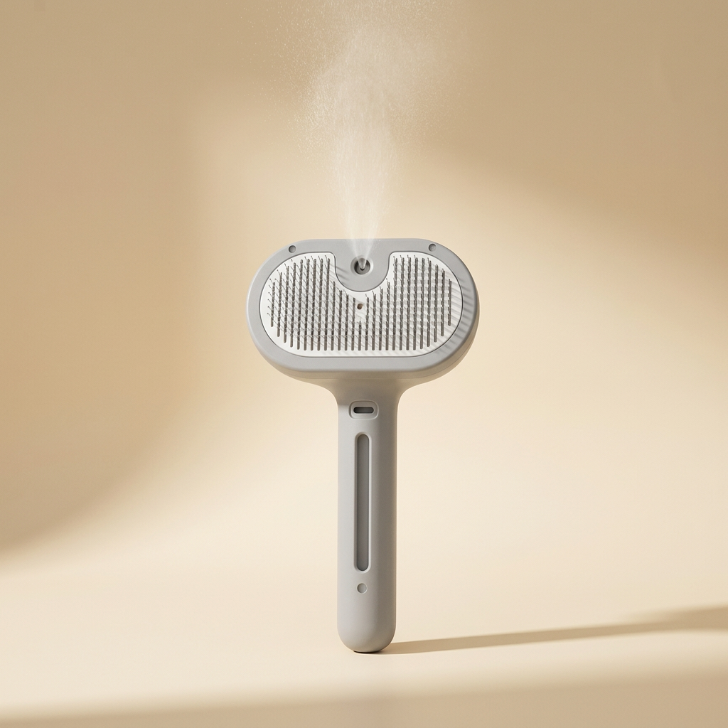 Self-cleaning steam spray pet brush standing on cream background