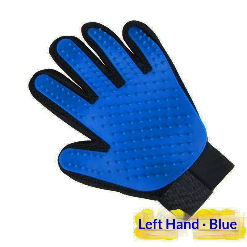 Single blue silicone grooming glove for the left hand, shown flat with a 'Left Hand · Blue' label