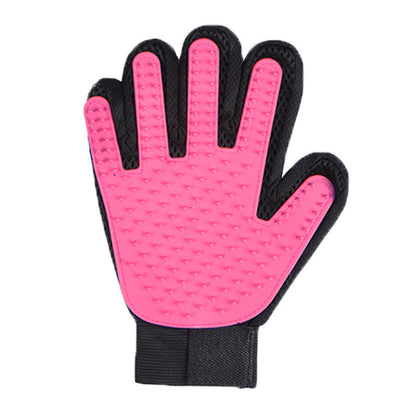 Single rose red silicone grooming glove shown flat