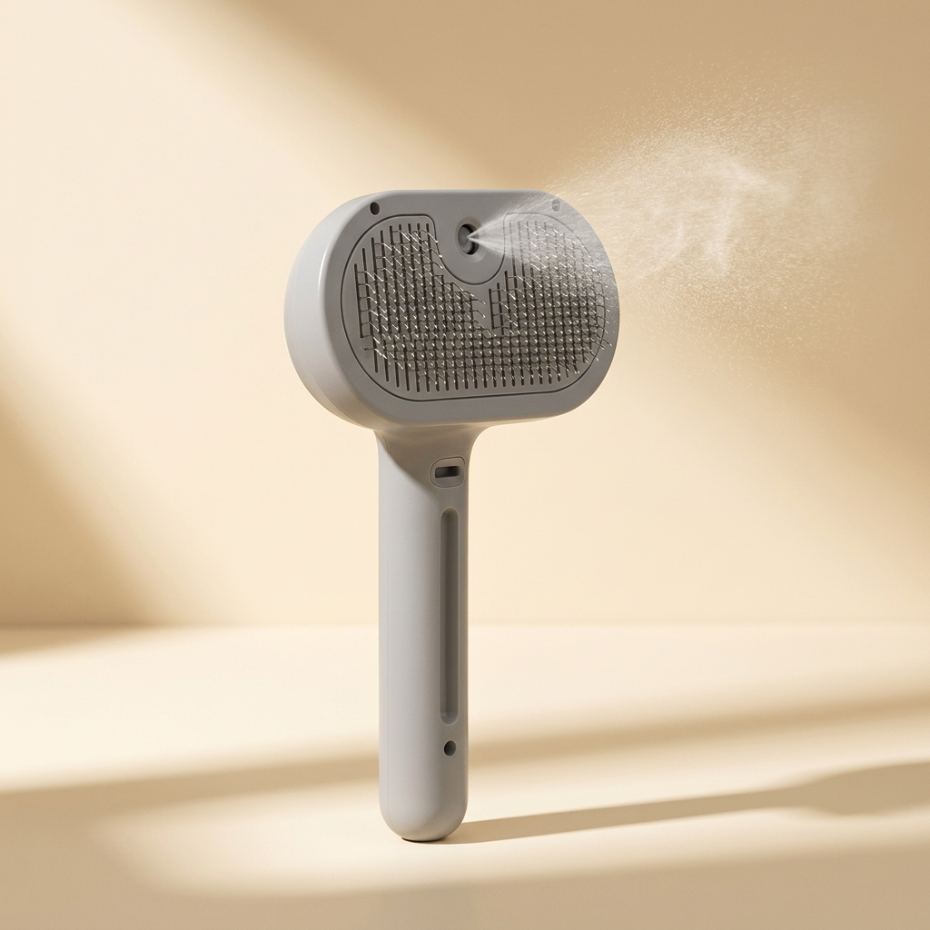 Steam spray pet brush with fine mist from built-in nozzle