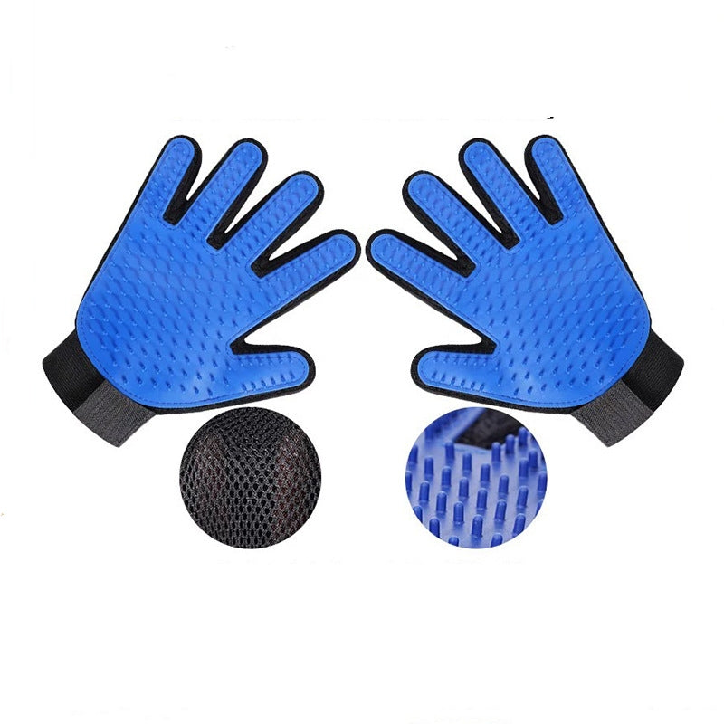 Pair of blue silicone pet grooming gloves shown flat, with close-up insets of the rubber bristle tips and mesh backing